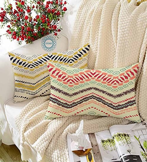 Multicolor Cotton Geometric 18x12 inches Cushion Covers (Pack of 2)