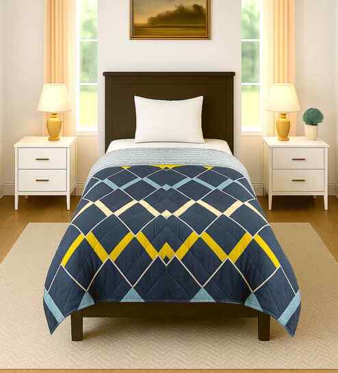 Blue Cotton Geometric 300 GSM Single Bed Reversible Comforter