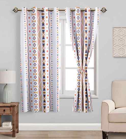 Geometric Cotton 5ft Semisheer Eyelet Window Curtain (2 Pc)