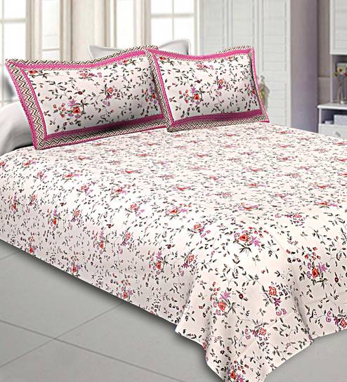 Pink Floral 300 TC Cotton 1 Double Bedsheet with 2 Pillow Covers by Jaipur Fabric