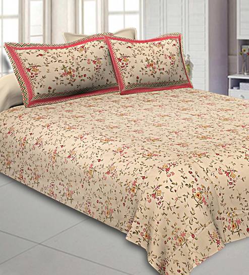 Beige Floral 300 TC Cotton Blend Queen Sized Bed Sheets with 2 Pillow Covers by Jaipur Fabric