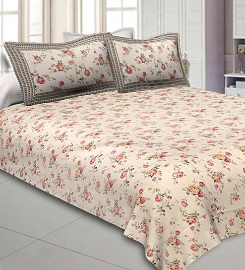 Cream Floral 300 TC Cotton 1 Double Bedsheet with 2 Pillow Covers by Jaipur Fabric