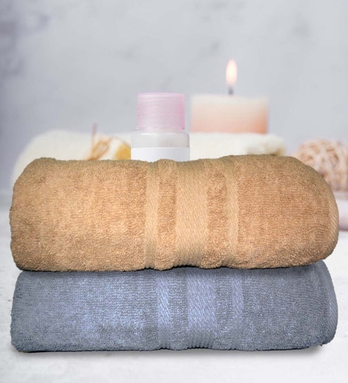 Grey & Beige Cotton Solid 500 GSM Bath Towels (Set of 2)