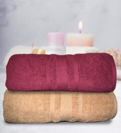 athom living Beige & Maroon Cotton Solid 500 GSM Bath Towels (Set of 2)-picture-12