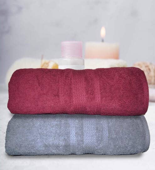 athom living Grey & Maroon Cotton Solid 500 GSM Bath Towels (Set of 2)-picture-13