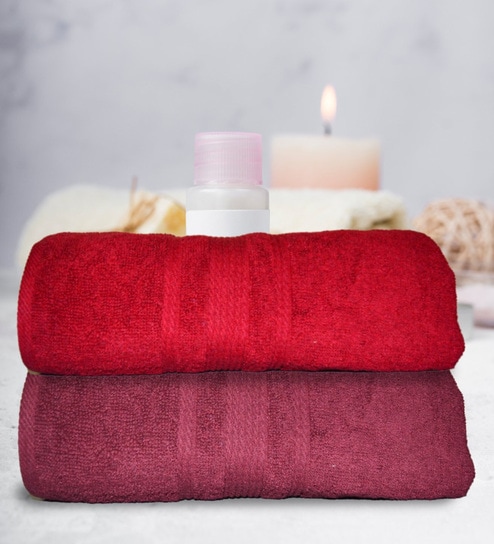 athom living Maroon & Red Cotton Solid 500 GSM Bath Towels (Set of 2)-picture-16