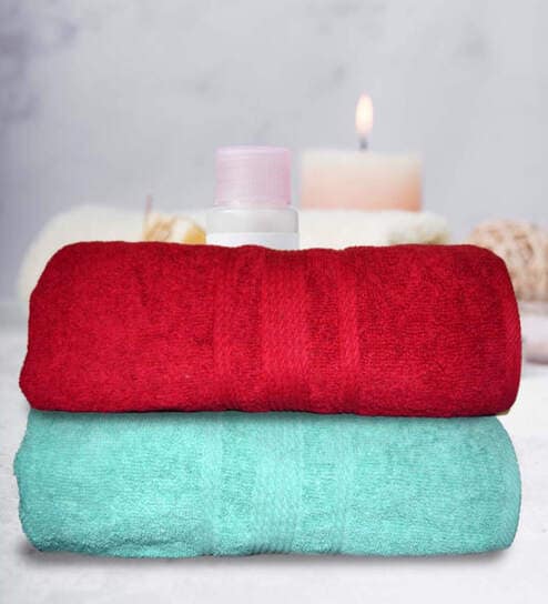Sea Green & Red Cotton Solid 500 GSM Bath Towels (Set of 2)
