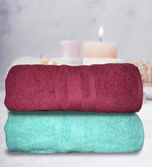 athom living Sea Green & Maroon Cotton Solid 500 GSM Bath Towels (Set of 2)-picture-10