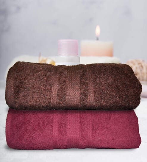 athom living Maroon & Brown Cotton Solid 500 GSM Bath Towels (Set of 2)-picture-17