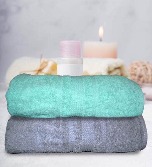 Grey & Sea Green Cotton Solid 500 GSM Bath Towels (Set of 2)