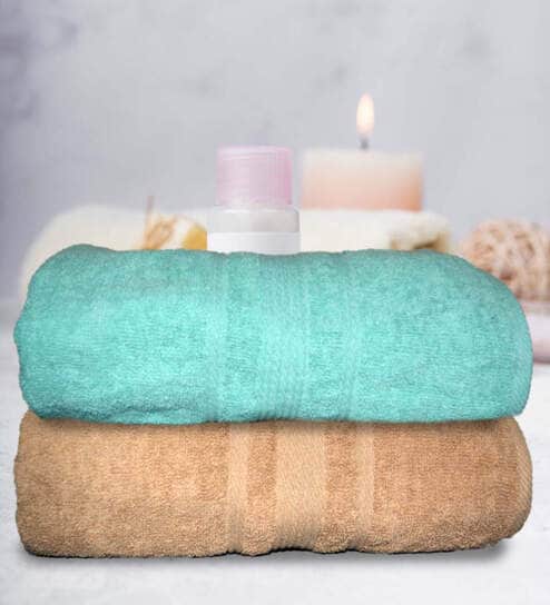 Beige & Sea Green Cotton Solid 500 GSM Bath Towels (Set of 2)