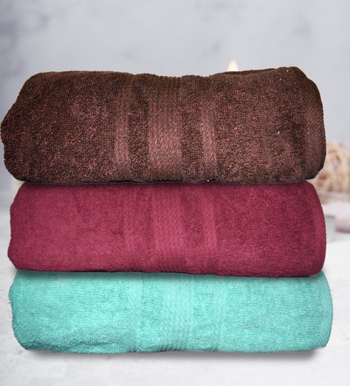 athom living Multicolor Cotton Solid 500 GSM Bath Towels (Set of 3)-picture-28