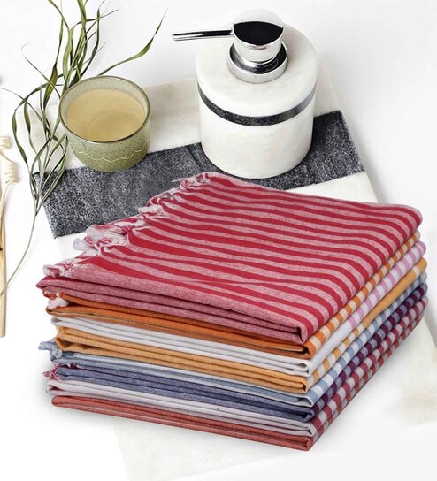 Multicolor Cotton Striped 151-200 GSM Bath Towel (Set of 8)