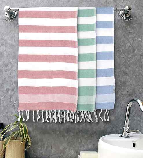Multicolor Cotton Striped 225 GSM Bath Towels Pack of 3