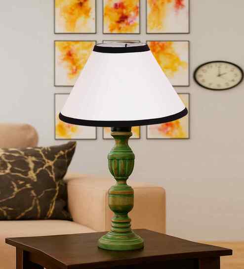 Multicolor Cotton Table Lamp With  Wood  Base 10X19 Inches