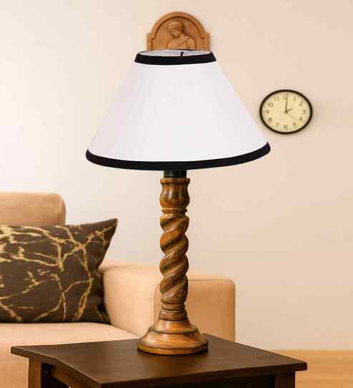 Multicolor Cotton Table Lamp With  Wood  Base 10X19 Inches