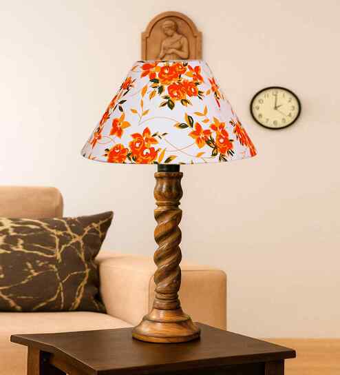 Multicolor Cotton Table Lamp With  Wood  Base 10X19 Inches