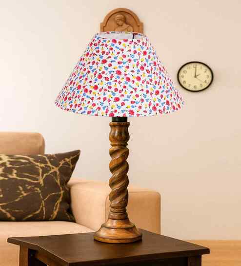 Multicolor Cotton Table Lamp With  Wood  Base 10X19 Inches