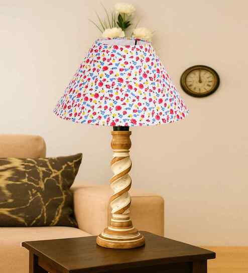 Multicolor Cotton Table Lamp With  Wood  Base 10X19 Inches