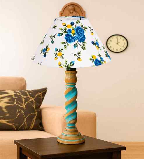 Multicolor Cotton Table Lamp With  Wood  Base 10X19 Inches