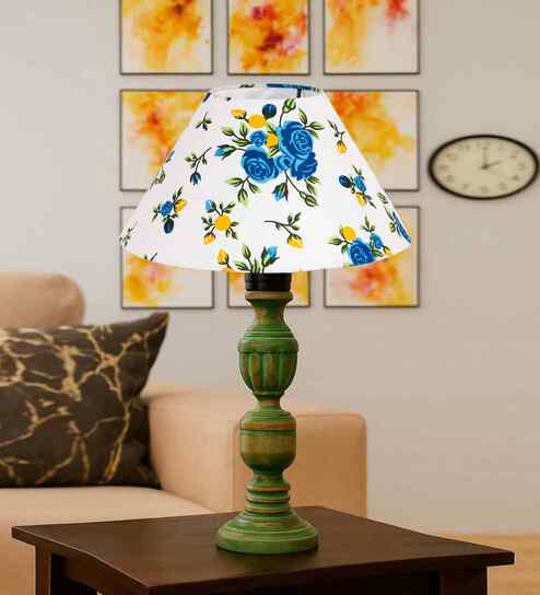 Multicolor Cotton Table Lamp With  Wood  Base 10X19 Inches