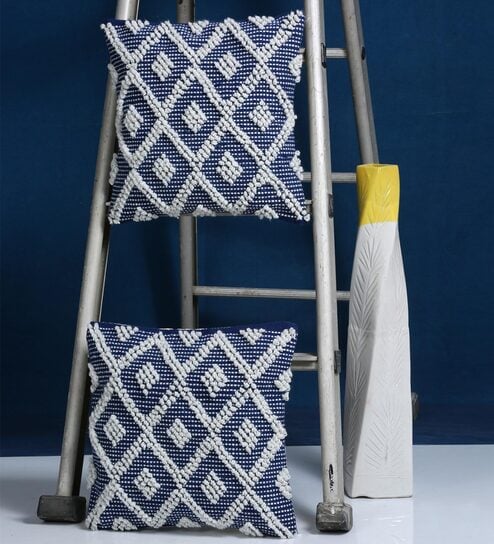 White & Grey Woven Cotton 16 x 16 Inches Cushion Covers (Set of 2)