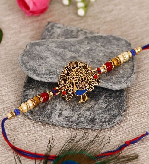 Multicolor Dancing Peacock Designer Rakhi with Roli Chawal Pack