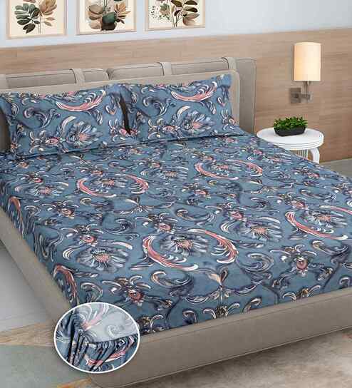 Blue Ethinc 300 TC Cotton Blend 7D King Size Fitted Double Bedsheet with 2 Pillow Covers