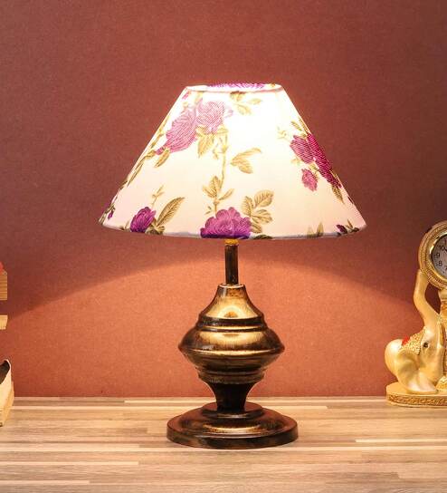 Multicolor Fabric Shade Table Lamp With Copper Base By Foziq
