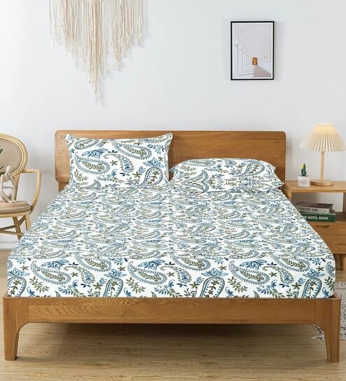 Multicolor Floral 144 TC Cotton King Fitted Bedsheet with 2 Pillow Covers