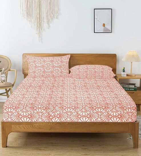 Pink Floral 144 TC Cotton King Fitted Bedsheet with 2 Pillow Covers