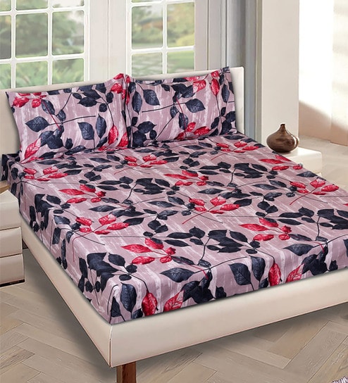 Grey And Red Floral 144 TC Glace Cotton Queen Sized Double Bedsheet with 2 Pillow Covers