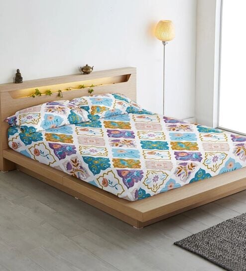 Multicolor Floral 210 TC Cotton Blend Fitted Bedsheet & 2 Pillow Covers by Aurave