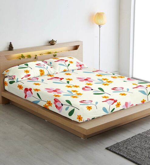 Multicolor Floral 210 TC Cotton Blend Fitted Bedsheet & 2 Pillow Covers by Aurave
