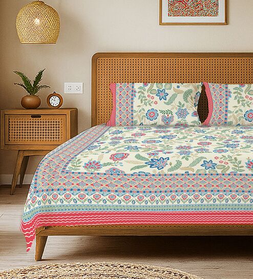 Multicolor Floral 240 TC Cotton Double Bedsheet with 2 Pillow Covers