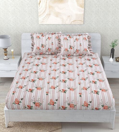 Ziva Floral 260 Tc Polycotton Double Fitted Bedsheet With 2 Pillow Covers