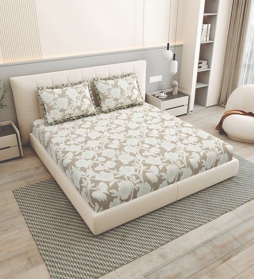 Brown Floral 260 Tc Polycotton King Fitted Bedsheet With 2 Pillow Covers