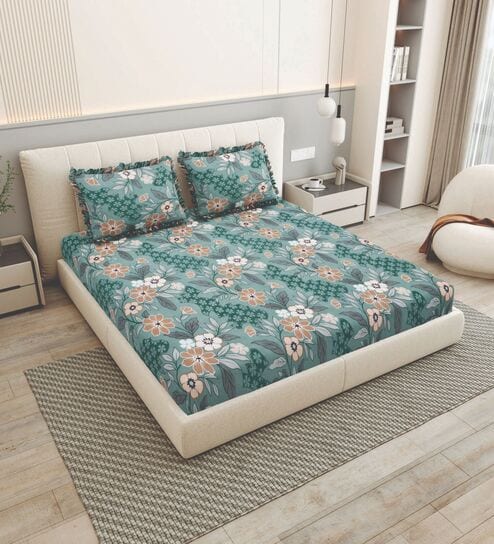 Green Floral 260 Tc Polycotton King Fitted Bedsheet With 2 Pillow Covers