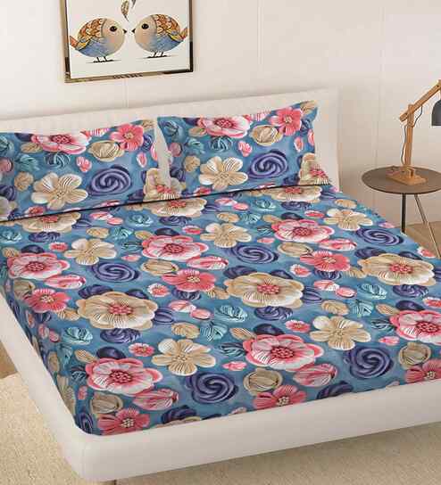 Grey Floral 300 TC Cotton Blend 7D King Size Double Bedsheet with 2 Pillow Covers