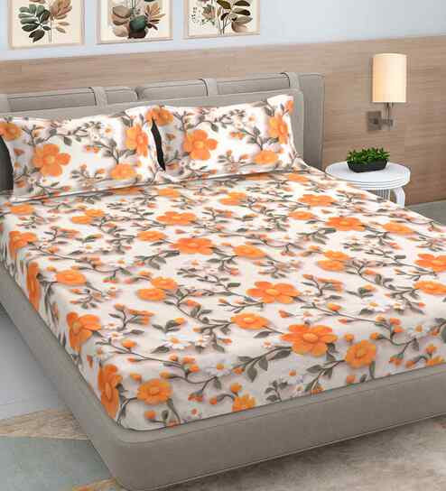 Orange Floral 300 TC Cotton Blend 7D King Size Double Bedsheet with 2 Pillow Covers