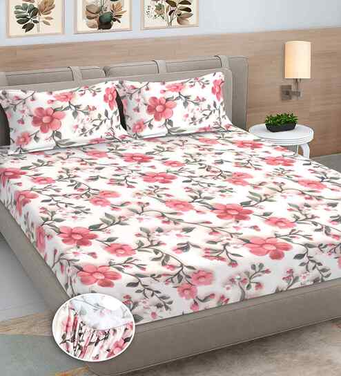 Pink Floral 300 TC Cotton Blend 7D King Size Fitted Double Bedsheet with 2 Pillow Covers