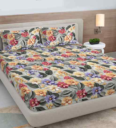 Green Floral 300 TC Cotton Blend 7D King Size Fitted Double Bedsheet with 2 Pillow Covers
