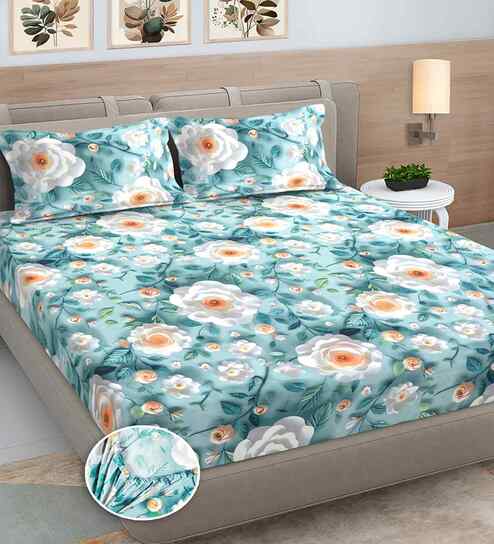 Blue Floral 300 TC Cotton Blend 7D King Size Fitted Double Bedsheet with 2 Pillow Covers