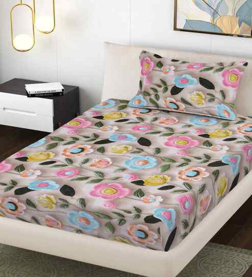 Multicolor Floral 300 TC Cotton Blend 7D Single Bedsheet with 1 Pillow Cover