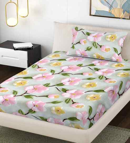 Multicolor Floral 300 TC Cotton Blend 7D Single Bedsheet with 1 Pillow Cover