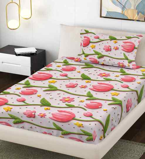 Multicolor Floral 300 TC Cotton Blend 7D Single Bedsheet with 1 Pillow Cover