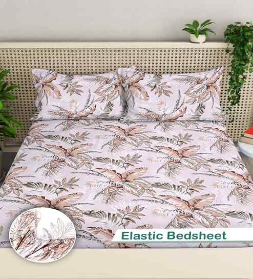 Multicolor Floral 300 TC Cotton Blend King Size Fitted Double Bedsheet with 2 Pillow Covers