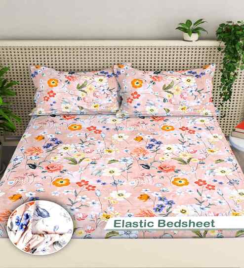 Multicolor Floral 300 TC Cotton Blend King Size Fitted Double Bedsheet with 2 Pillow Covers