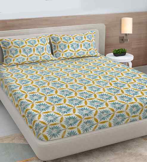fabinaliv Multicolor Floral 300 TC Cotton Blend King Size Fitted Double Bedsheet with 2 Pillow Covers-picture-35