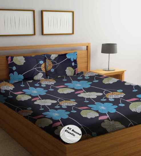 Blue Floral 300 TC Glaze Cotton Fitted Bed Sheet Double Bed with 2 Pillow Covers Essential Collection